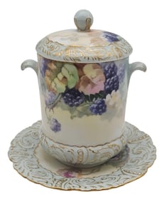 Antique T&v Limoges Hand Painted Blackberry Condensed Milk Jar With Saucer