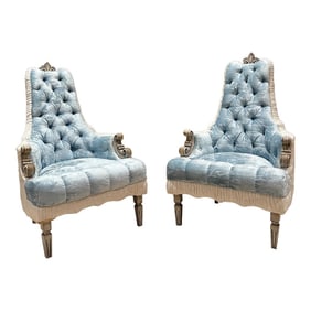 French Hollywood Regency Original Pair Armchairs Tufted Blue White Velvet