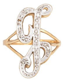 1970s Letter G Diamond Initial Ring Vintage 14k Yellow Gold Sz 9.5 Estate Jewelry