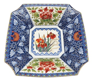 Japanese Imari Porcelain Bowl Alyssa Macy's Square Floral Iris Design Blue Red 9.75"