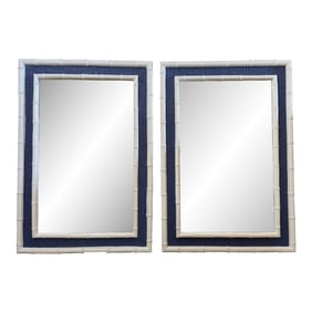Stunning Vintage Chinoiserie Blue and White Faux Bamboo Wall Mirrors - Newly Painted - A Pair
