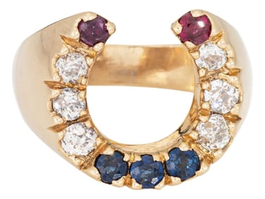 1970s Vintage Diamond Horseshoe Ring Size 9 14k Gold Gemstone Band Good Luck Jewelry