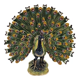 Enameled Jeweled Peacock Hinged Trinket Box