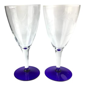 Vintage Etched Cobalt Crystal Stemware - a Pair