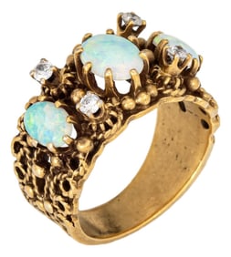 1960s Opal Diamond Band Ornate Vintage 14k Yellow Gold Ring Sz 4.5 Estate Jewelry