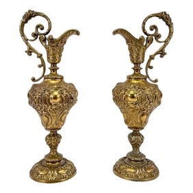 Pair of Ornate Rococo Revival Brass Ewers – Mid-Century Mantel Décor