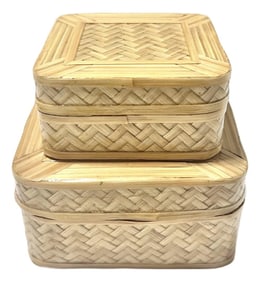 1970s Vintage Woven Bamboo Trinket Boxes - Set of 2