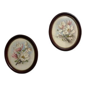 Vintage Pair of I. B. Fischer Co. Oval Framed Magnolia Prints