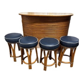 1940s Stacked Bamboo Dry Bar With Four Barstools in the Style of Paul Frankl - Set of 5