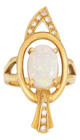 70s Opal Diamond Abstract Ring Sz 5 Vintage 18k Gold Cocktail Fine Jewelry