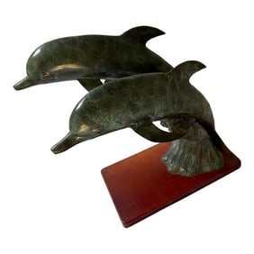 Monumental Vintage Bronze Double Dolphins Sculptural Statues With Original Patina
