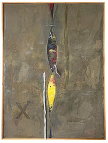 Modern Abstract Mixed Media Painting With Trompe l'Oeil Details, Earth-Toned Textural Composition Wi