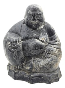 Vintage 12" Weathered Cement Laughing Buddha Garden Statue With Beads and Lotus Base