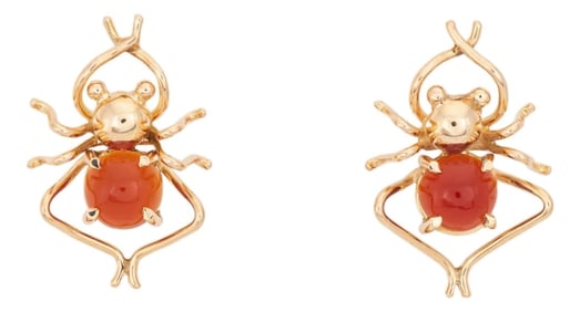 Mid 20th Century Vintage Spider Stud Earrings Amber 14k Yellow Gold Estate Fine Jewelry- 2 Pieces