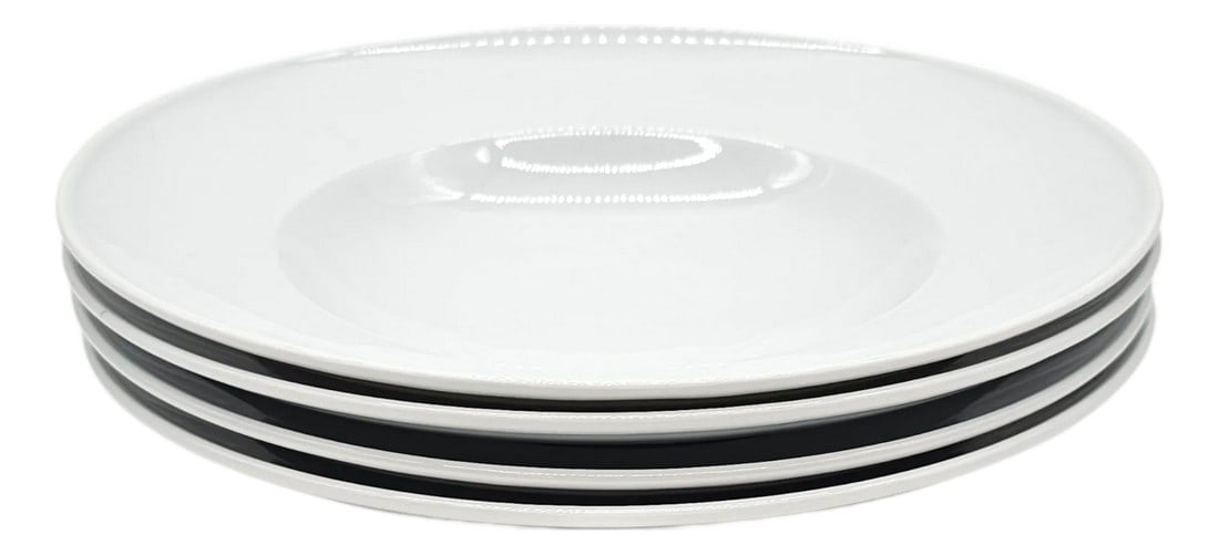 Set of 4 Sur La Table White Bistro Pasta Bowls – 12" Modern Ceramic Serving Plates: So white they whisper"”four broad-rimmed bowls from Sur La Table, made not merely to serve but to cradle something warm and generous. There's restraint here, a kind of culinary purity. A quiet c