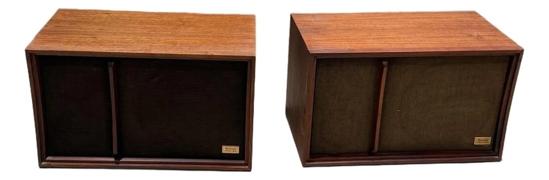 Mid Century Modern Pair of Warfedale Speakers Walnut Side Tables: For your consideration, a pair of Warfedale speakers in walnut wood that can be used as side tables. Mid-Century modern period. Dimensions: 14.5 H x 23.75 W x 13 D Delivery within 200 miles from San D