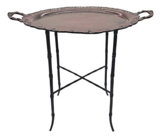 Maitland Smith Bronze Tray Table With Ornate Handles and Faux Bamboo Stand