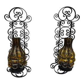 Pair Metal and Caged Amber Glass Candle Holders Sconces