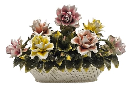 Italian Handcrafted Porcelain Rose Basket Centerpiece – Blush & Yellow Floral Sculpture