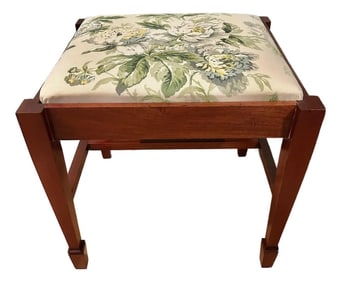 Vintage Cherry Hepplewhite Style Footstool With Green and White Floral Upholstery