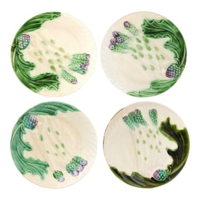 Antique French Majolica Artichoke Plates, Set of 4