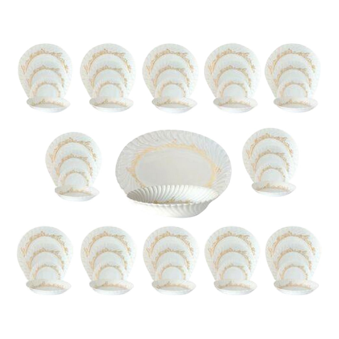 Haviland Limoges Porcelain Ladore Dinner Service for 12: Refined French elegance in porcelain: Limoges dinnerware service for 12 in the rare Ladore pattern. Featuring scalloped rims, soft white glaze, and gilt floral garlands with pale blue accents, this se