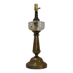 Mid 20th Century Brass and Glass Converted Kerosene Lamp With Silk Cord – Solid Heavy Base