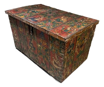 Tibetan Hand Painted Wood Rectangular Monastery Wedding Traveling Chest