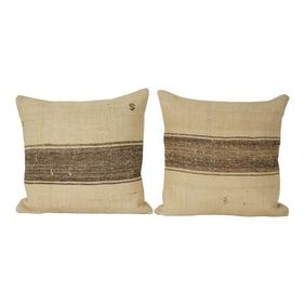 Vintage Turkish Hemp Kilim Pillow Cover, Set of Two White Striped Anatolian Cushion Cover, Pair Orga