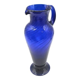 Large Cobalt Blue Hand-Blown Glass Pitcher Vase – Optic Swirl Mid Century Style 15"
