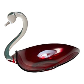 Duncan & Miller Ruby Red Cranberry Glass Swan Bowl - Vintage Mid Century Modern Art Glass Candy Dish
