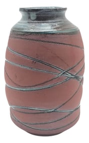 Contemporary Studio Art Pottery Red Stoneware Vase With Strangled Wrap Design, Signed Vincent 2011