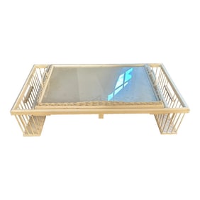 Vintage Mid 20th Century White Wood and Wicker Bed Tray or Lap Desk With Glass Tray