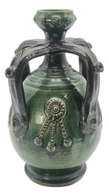 Mid Century Turkish Ã‡anakkale Green Glazed Ceramic Carafe Jug Ewer With Decorative