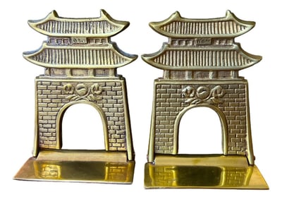 Vintage Brass Pagoda Bookends Chinoiserie Asian Revival Style