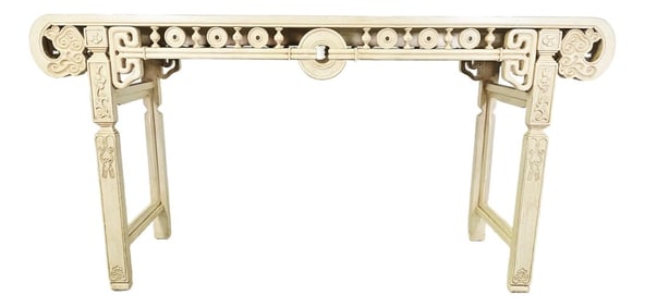 Neoclassical Tessellated Cream Console Table With Ornate Carved Detailing