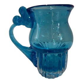 Vintage Murano Aqua Art Glass Small Pitcher With Ribbed Handle