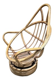 Swivel Bucket Lounge Chair on Stacked Rattan Bamboo Pedestal Base Mid Century
