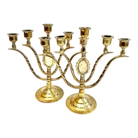 1970s Brass Candelabras With Carved Bone/Ivory - a Pair