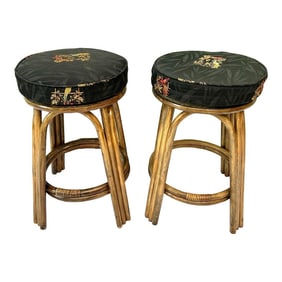1980s Rattan Bamboo Upholstered Bar Stools Black Aviary Embroidered Fabric - A Pair