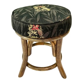 1980s Rattan Bamboo Upholstered Vanity Stool Black Aviary Embroidered Fabric
