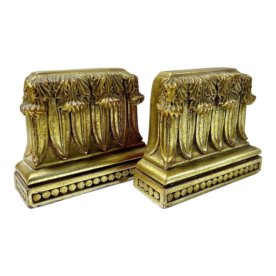 Vintage Gilded Gold Colmunar Bookends Corinthian Style - a Pair: These are beautiful, gold leafed, classically-styled bookends made by World Art. They look magnificent from every angle! The shade of gold is perfect. They are heavy-weight and lined with felt on the