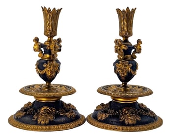 French 19th C Ormolu Bronze Candlesticks Grotesque Masks Putti Revival 2pc 8.5"