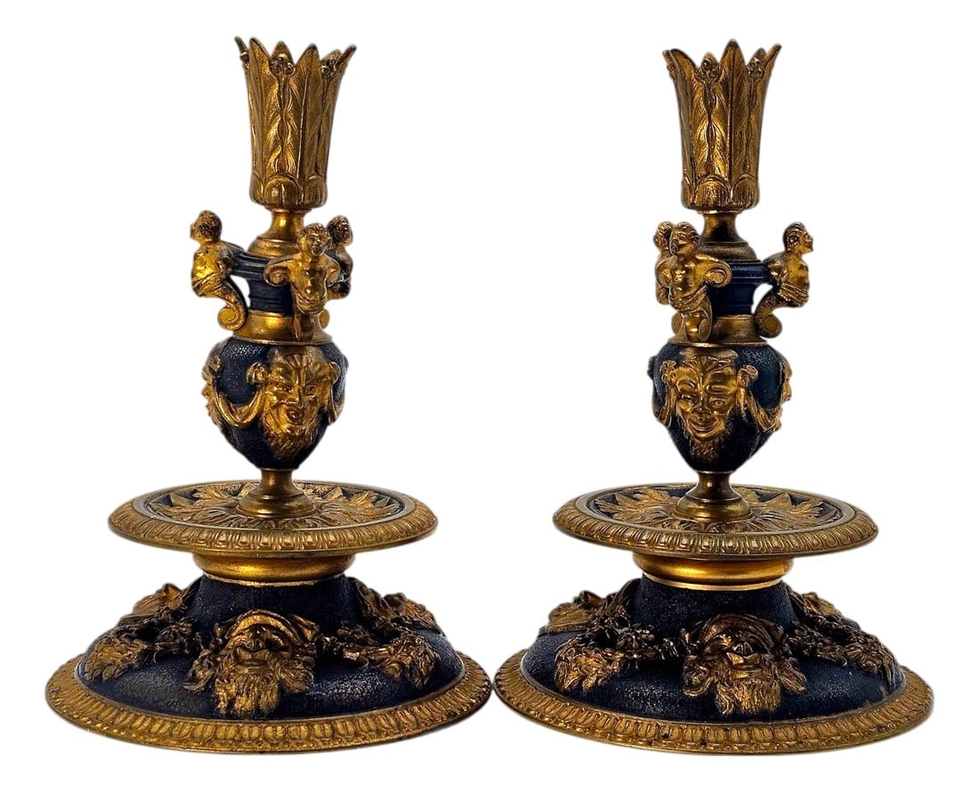 French 19th C Ormolu Bronze Candlesticks Grotesque Masks Putti Revival 2pc 8.5" (1 of 15)