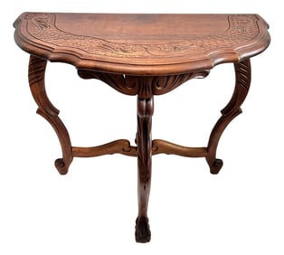 1930s Vintage Hand Carved Demi Lune Half Moon Table