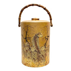Stunning Vintage 1970s Abercrombie & Fitch Cheetah Print Ice Bucket With Faux Bamboo Handle –