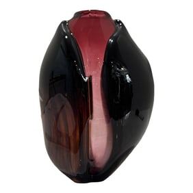 Late 20th Century Signed Studio Art Glass Vase in Ruby, Amber & Smoke | Hand-Blown Organic Modern Fo