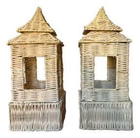 Pair of Rattan Pagoda Lanterns in Coastal Chinoiserie Style – 16" X 6" X 6"