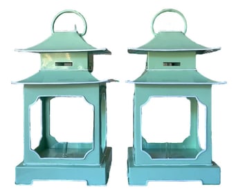 Pair of Mint Green & White Toile Metal Pagoda Lanterns for Chinoserie and Coastal Garden Â