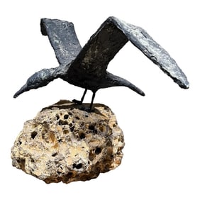 Faux Bronze Seagull Sculpture Volcanic Rock Signed Barnes 73